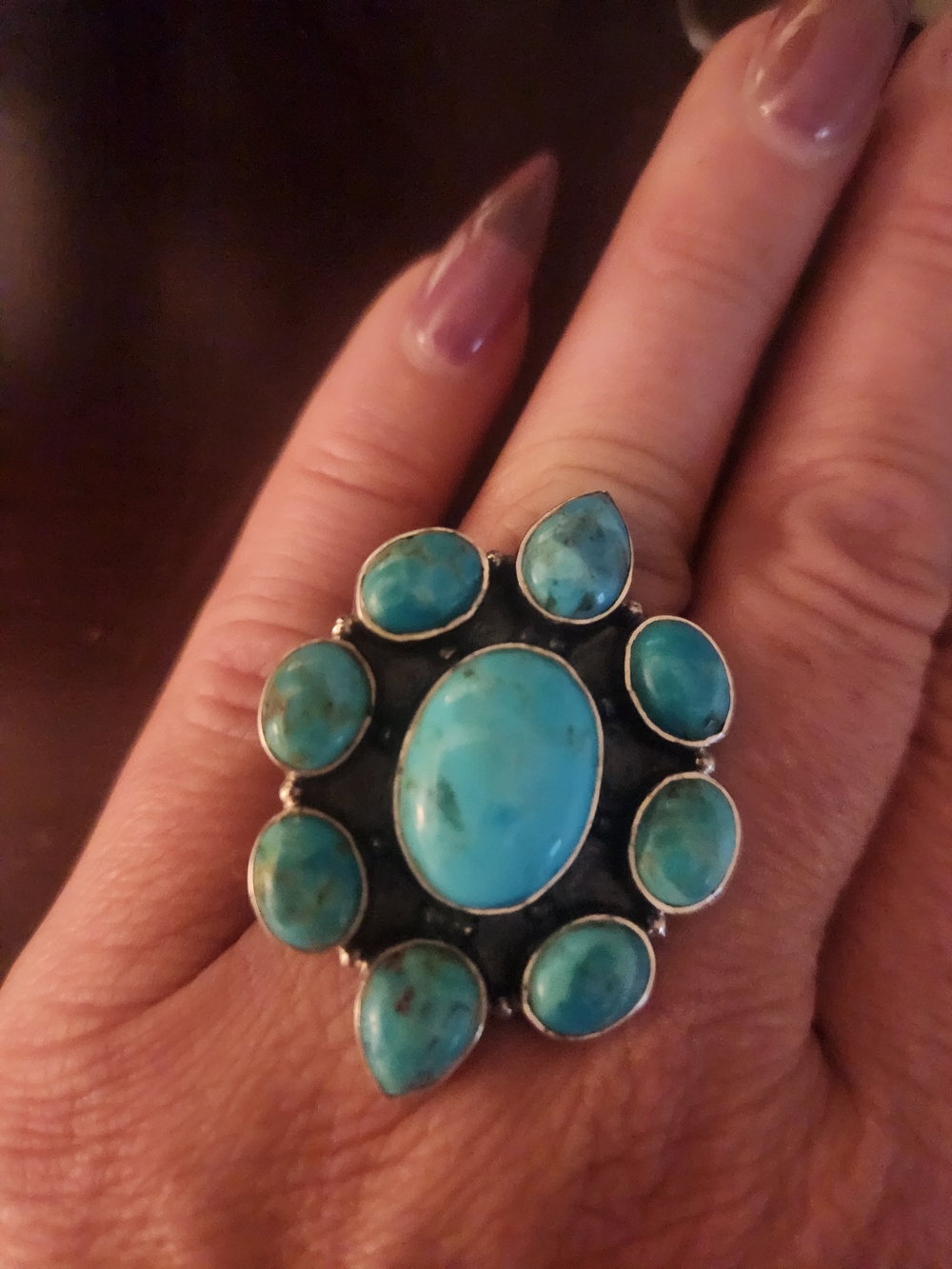Kingman Turquoise Oval Cluster Statement Ring Sterling Silver Adjustible